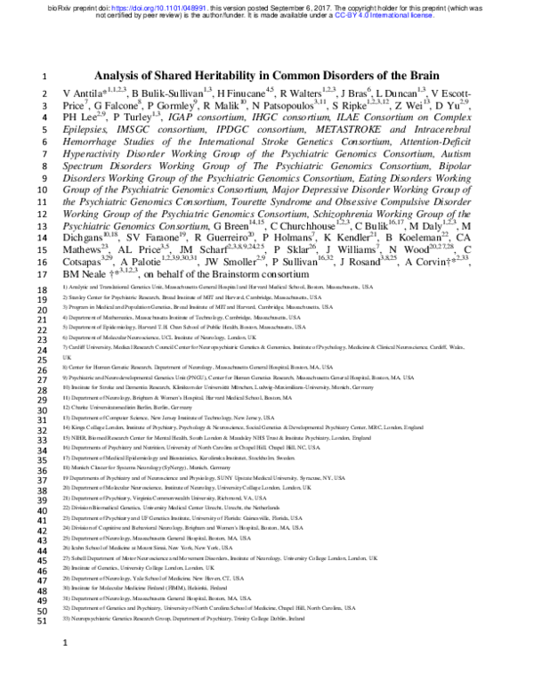 (PDF) Analysis of Shared Heritability in Common Disorders of the Brain
