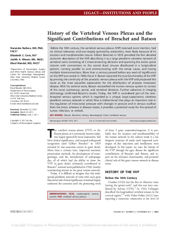(PDF) History of the Vertebral Venous Plexus and the Significant ...