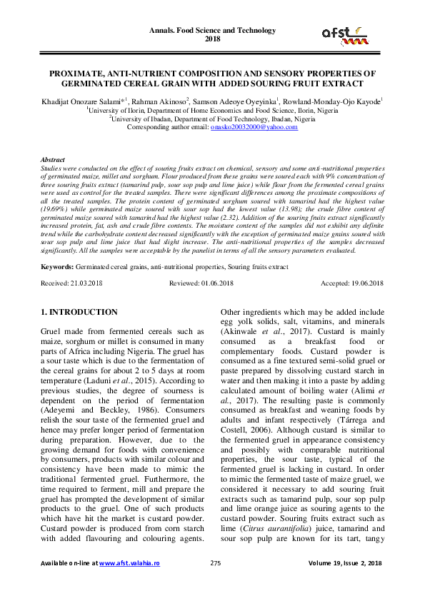 (PDF) Proximate, Anti-Nutrient Composition and Sensory Properties of ...