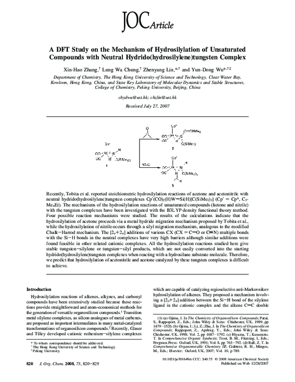 (PDF) A DFT Study on the Mechanism of Hydrosilylation of Unsaturated ...
