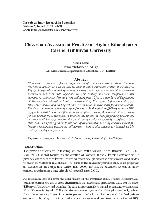 (PDF) Classroom Assessment Practice of Higher Education: A Case of ...