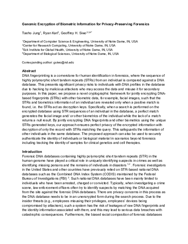 (PDF) Genomic Encryption of Biometric Information for Privacy ...