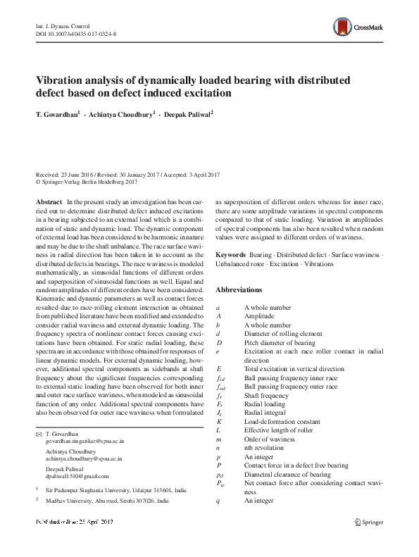 (PDF) Vibration analysis of dynamically loaded bearing with distributed ...