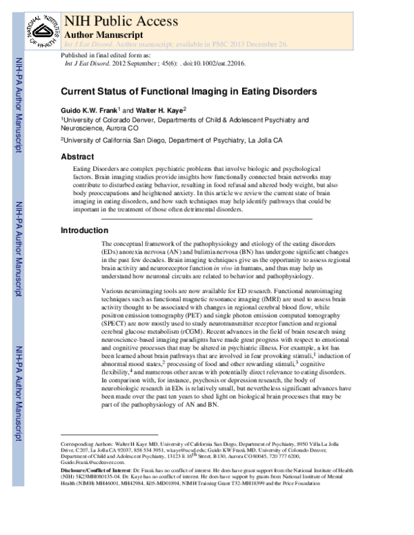 (PDF) Current status of functional imaging in eating disorders