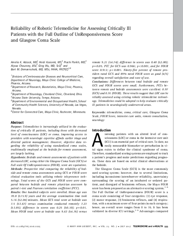(PDF) Reliability of Robotic Telemedicine for Assessing Critically Ill ...