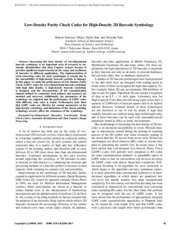 (PDF) Low-Density Parity Check Codes for High-Density 2D Barcode Symbology