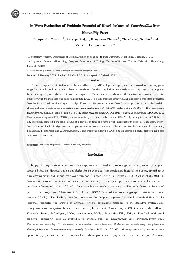 (PDF) In Vitro Evaluation of Probiotic Potential of Novel Isolates of ...