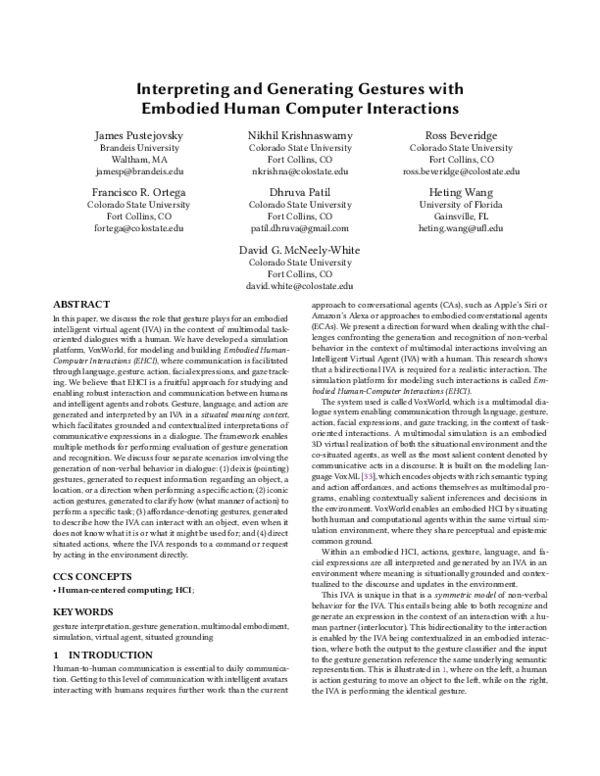 (PDF) Interpreting and Generating Gestures with Embodied Human Computer ...