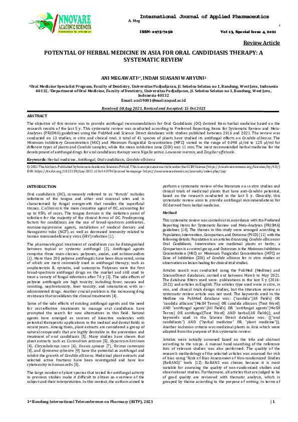 (PDF) POTENTIAL OF HERBAL MEDICINE IN ASIA FOR ORAL CANDIDIASIS THERAPY