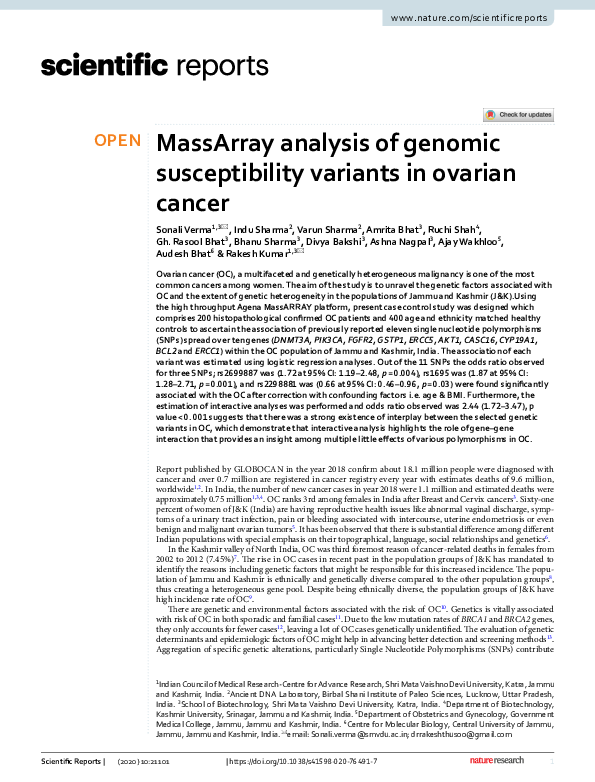 MassArray analysis of genomic susceptibility variants in ovarian cancer