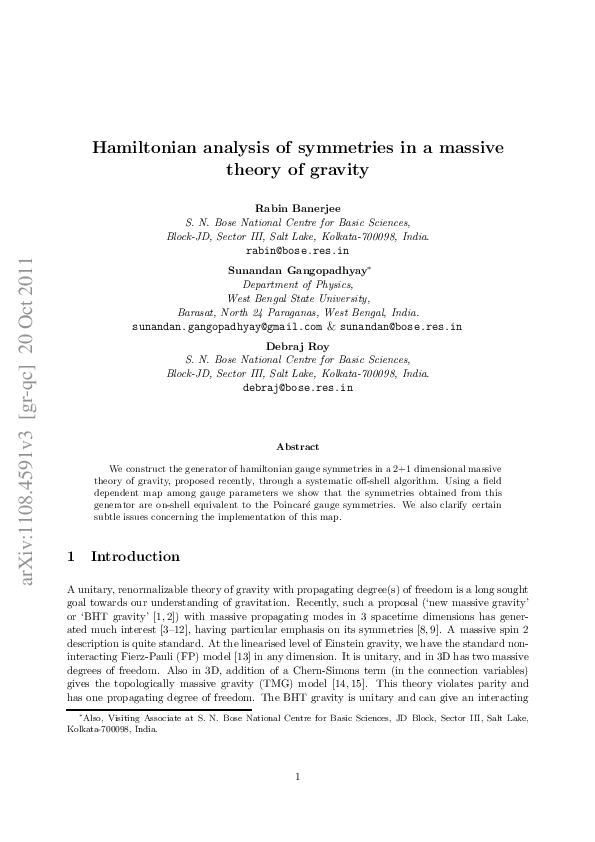 (PDF) Hamiltonian analysis of symmetries in a massive theory of gravity