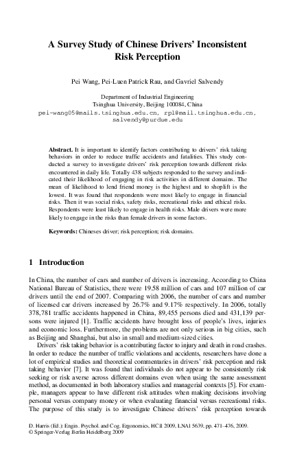 (PDF) A Survey Study of Chinese Drivers’ Inconsistent Risk Perception