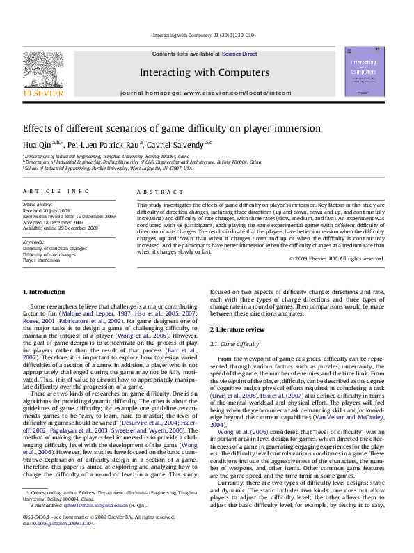 (PDF) Effects of different scenarios of game difficulty on player immersion