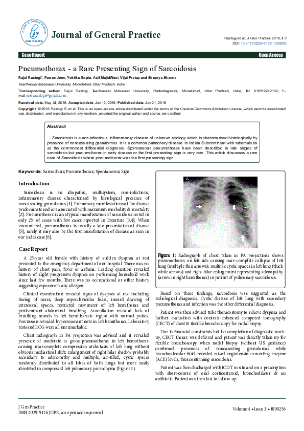 (PDF) Pneumothorax - a Rare Presenting Sign of Sarcoidosis