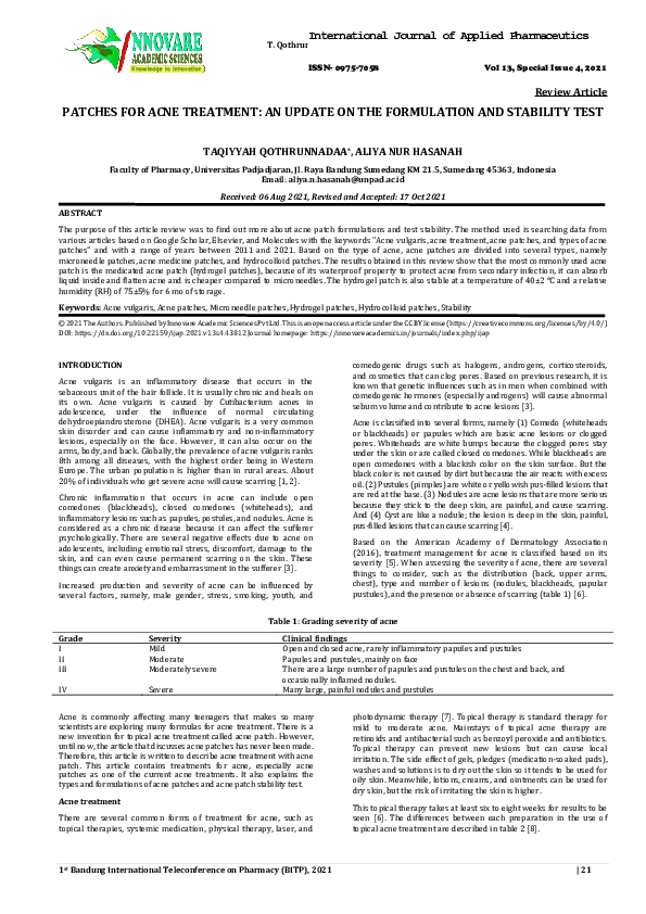 (PDF) PATCHES FOR ACNE TREATMENT AN UPDATE ON THE FORMULATION AND