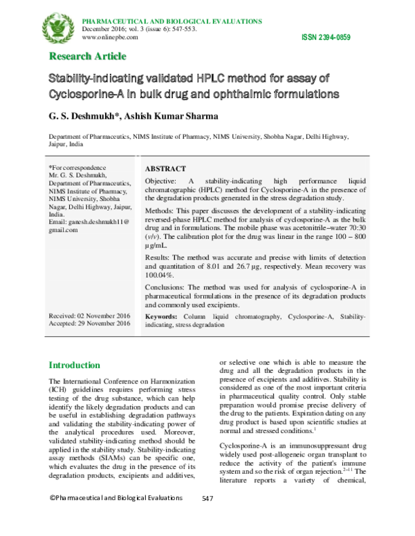(PDF) Stability-indicating validated HPLC method for assay of ...