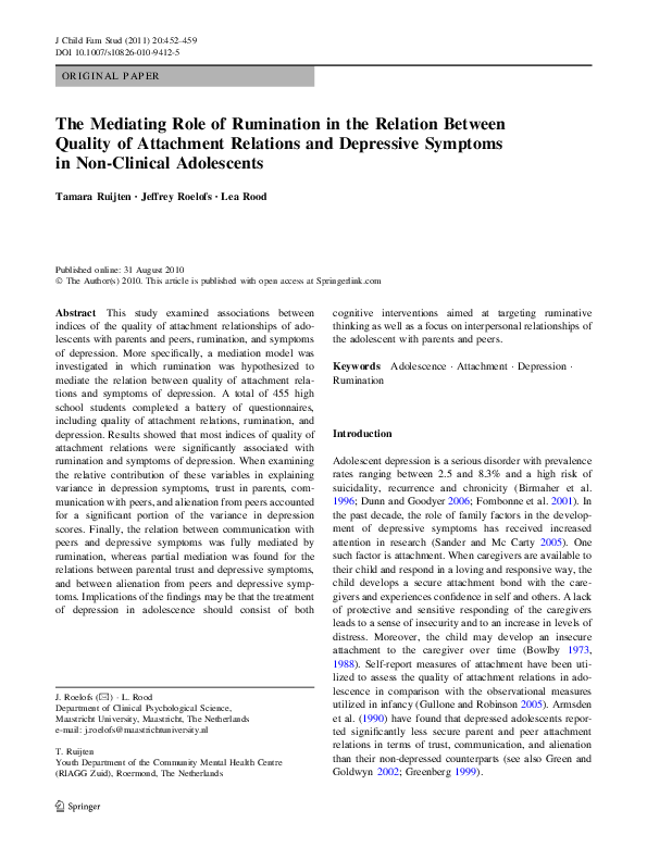 (PDF) The Mediating Role of Rumination in the Relation Between Quality ...