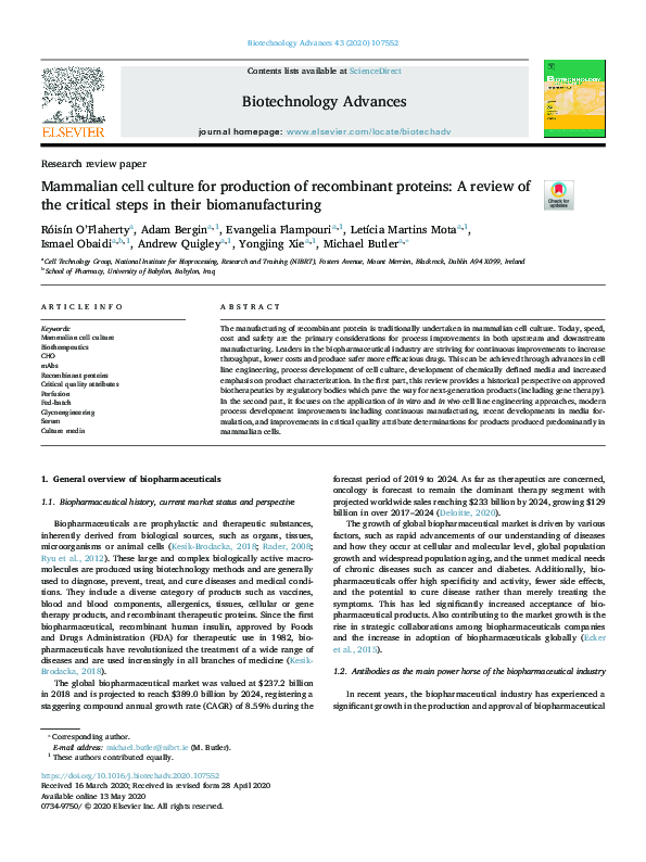 (PDF) Mammalian cell culture for production of proteins A review of the critical