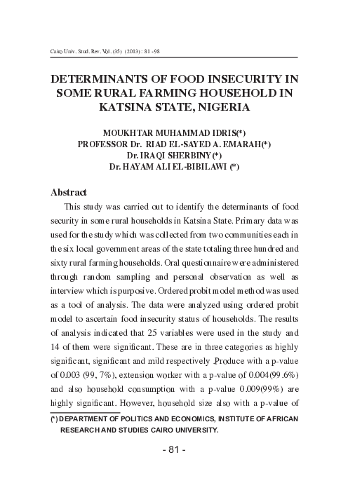 (PDF) Determination of Food insecurity in some Rural Farming Household ...