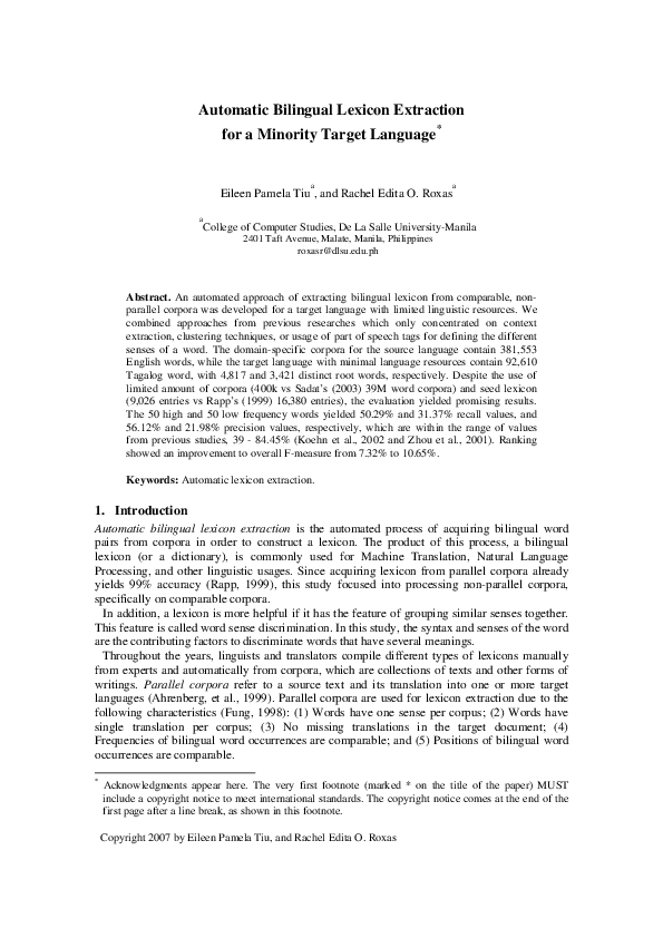 (PDF) Automatic Bilingual Lexicon Extraction for a Minority Target Language