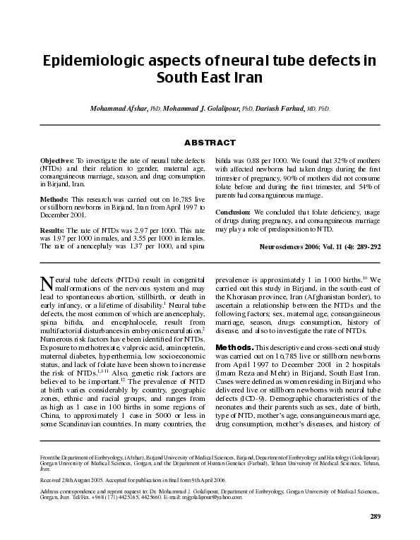 (PDF) Epidemiologic aspects of neural tube defects in South East Iran