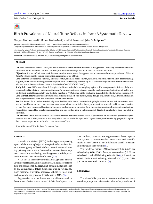 (PDF) Birth Prevalence of Neural Tube Defects in Iran: A Systematic Review