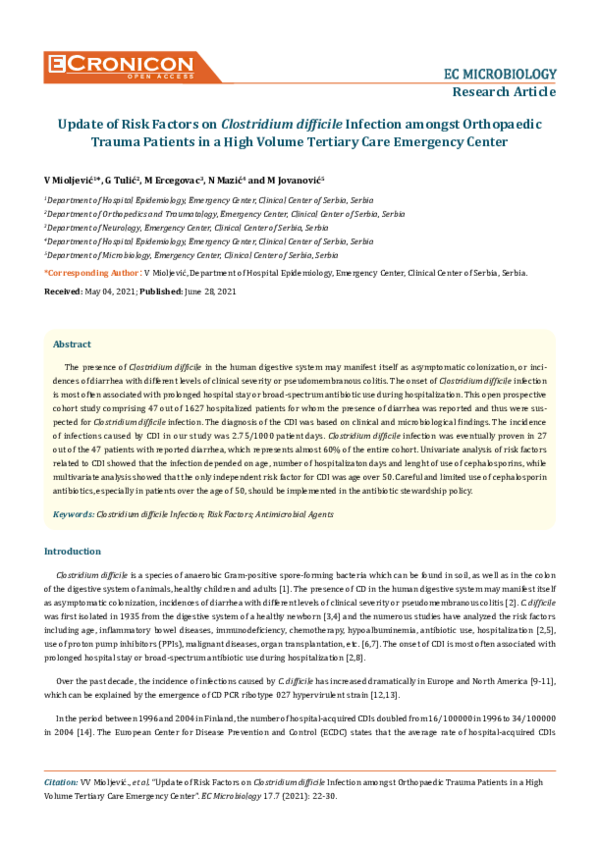 (PDF) Update of Risk Factors on Clostridium difficile Infection amongst ...