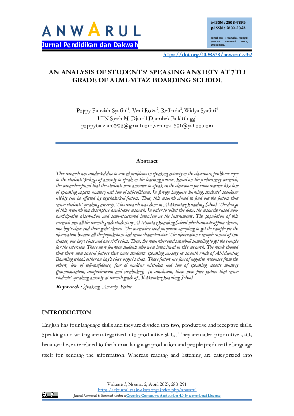 (PDF) An Analysis of Students’ Speaking Anxiety at 7th Grade of ...