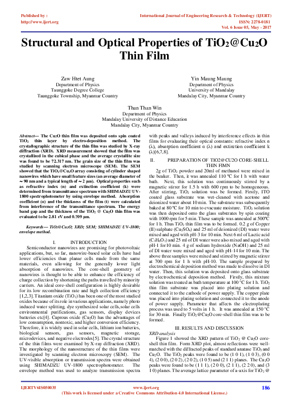 (PDF) Structural and Optical Properties of TiO 2 @Cu 2 O Thin Film