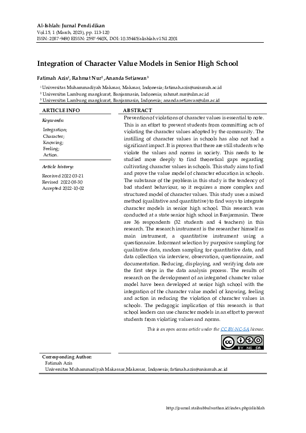 (PDF) Integration of Character Value Models in Senior High School