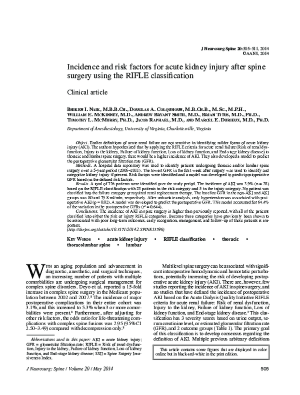 (PDF) Incidence and risk factors for acute kidney injury after spine ...