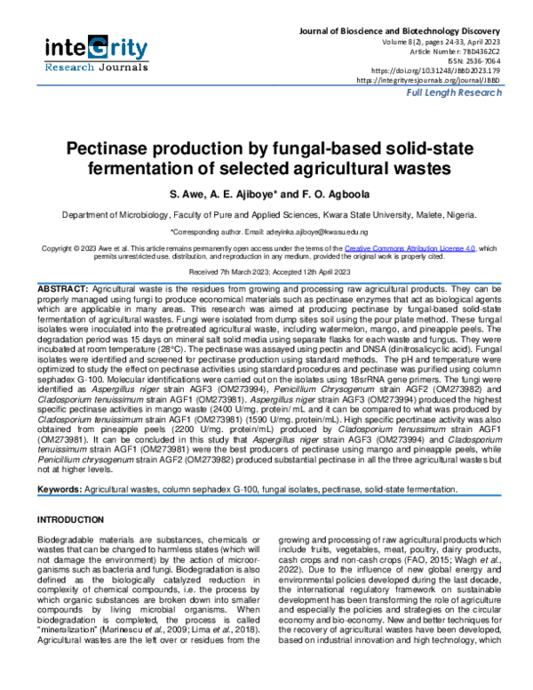 (PDF) Pectinase production by fungalbased solidstate fermentation of