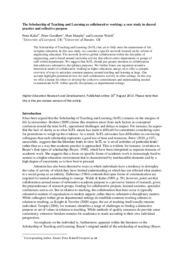 (PDF) The Scholarship of Teaching and Learning as collaborative working ...