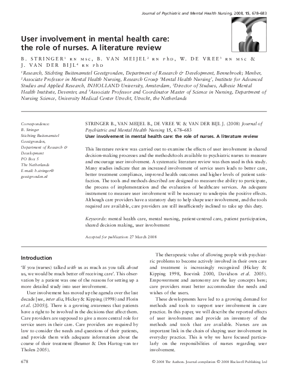 (PDF) User involvement in mental health care: the role of nurses. A ...