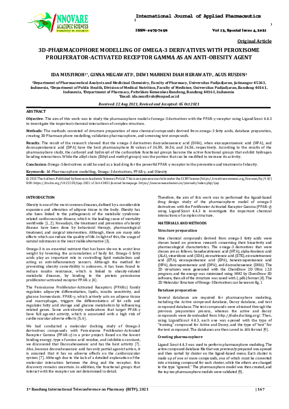 3D-PHARMACOPHORE MODELLING OF OMEGA-3 DERIVATIVES WITH PEROXISOME PROLIFERATOR-ACTIVATED RECEPTOR GAMMA AS AN ANTI-OBESITY AGENT Original Article