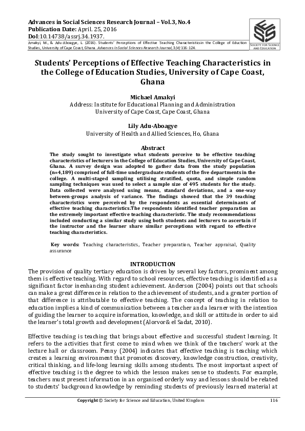 (PDF) Students’ Perceptions Of Effective Teaching Characteristics In ...