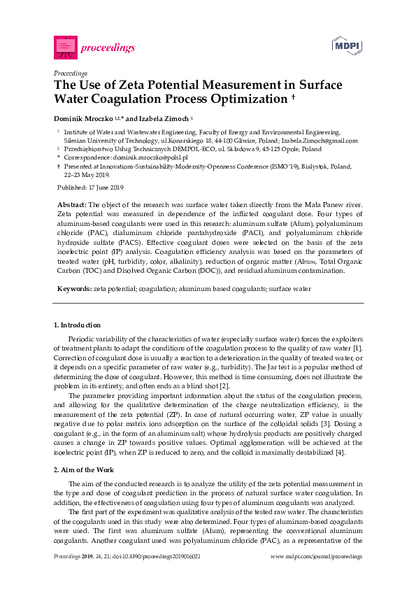 (PDF) The Use of Zeta Potential Measurement in Surface Water ...