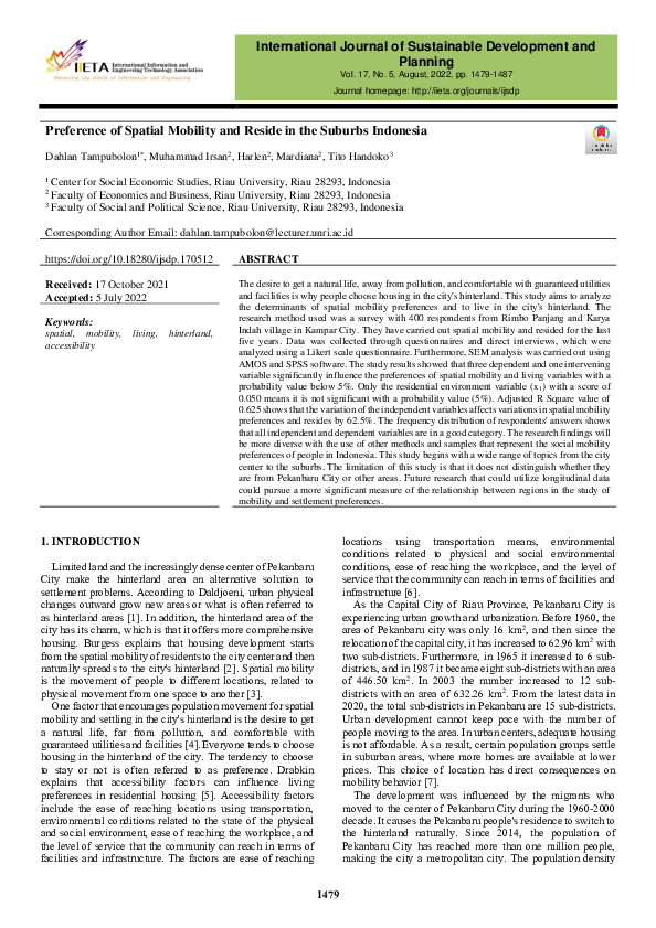 (PDF) Preference of Spatial Mobility and Reside in the Suburbs Indonesia