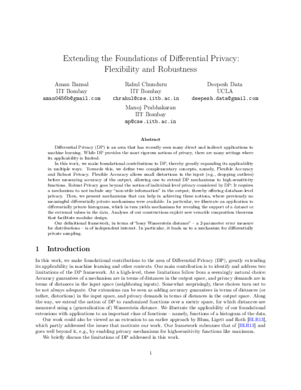 (PDF) Extending the Foundations of Differential Privacy: Robustness and ...