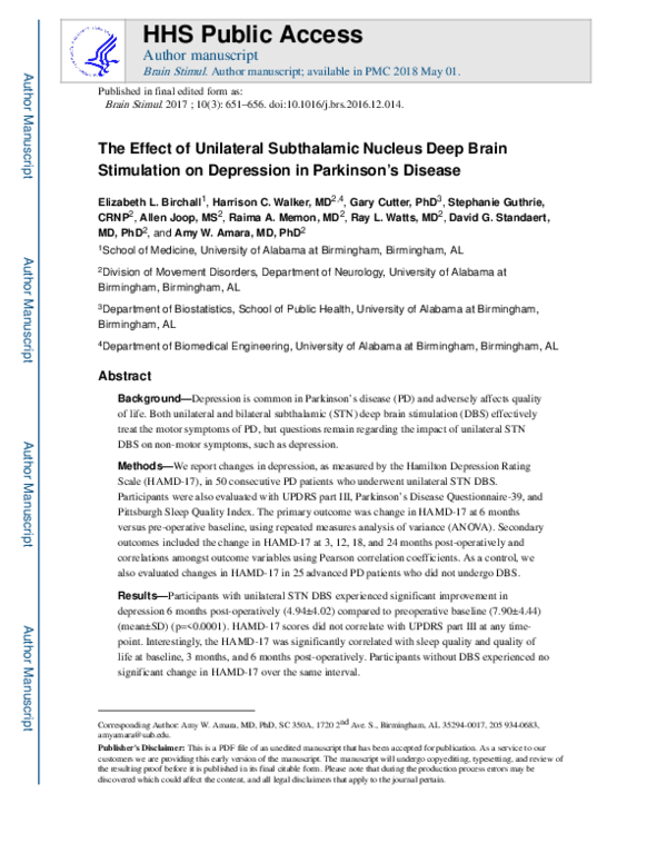 (PDF) The effect of unilateral subthalamic nucleus deep brain ...