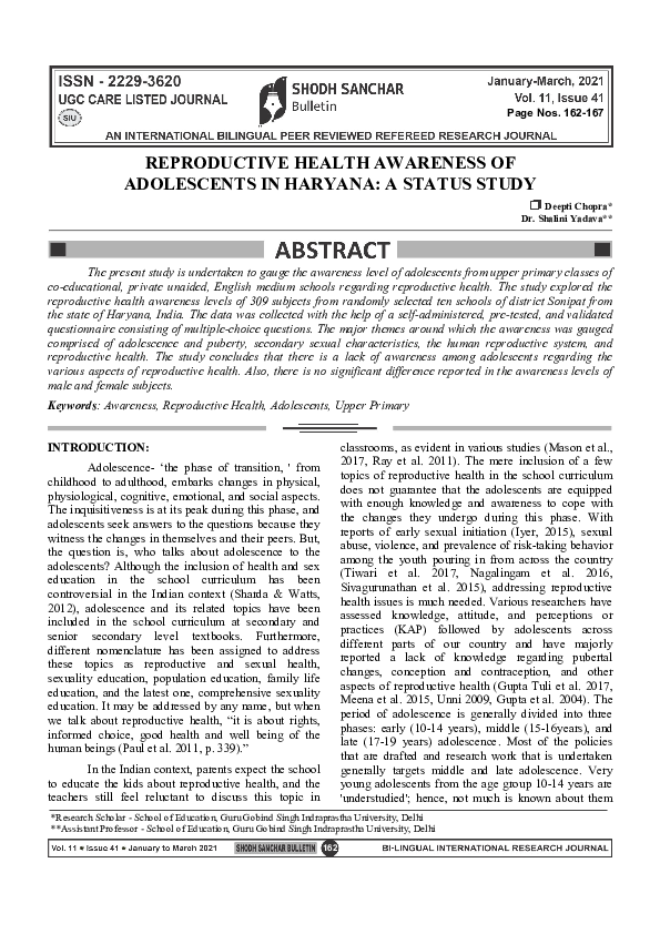 (PDF) REPRODUCTIVE HEALTH AWARENESS OF ADOLESCENTS IN HARYANA: A STATUS ...