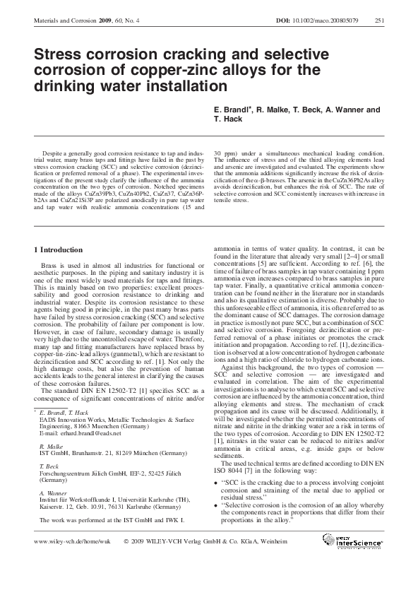 (PDF) Stress corrosion cracking and selective corrosion of copperzinc