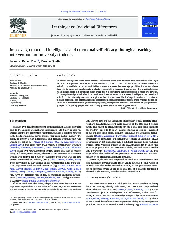(PDF) Improving emotional intelligence and emotional self-efficacy ...