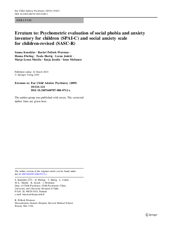 (PDF) Erratum to: Psychometric evaluation of social phobia and anxiety ...