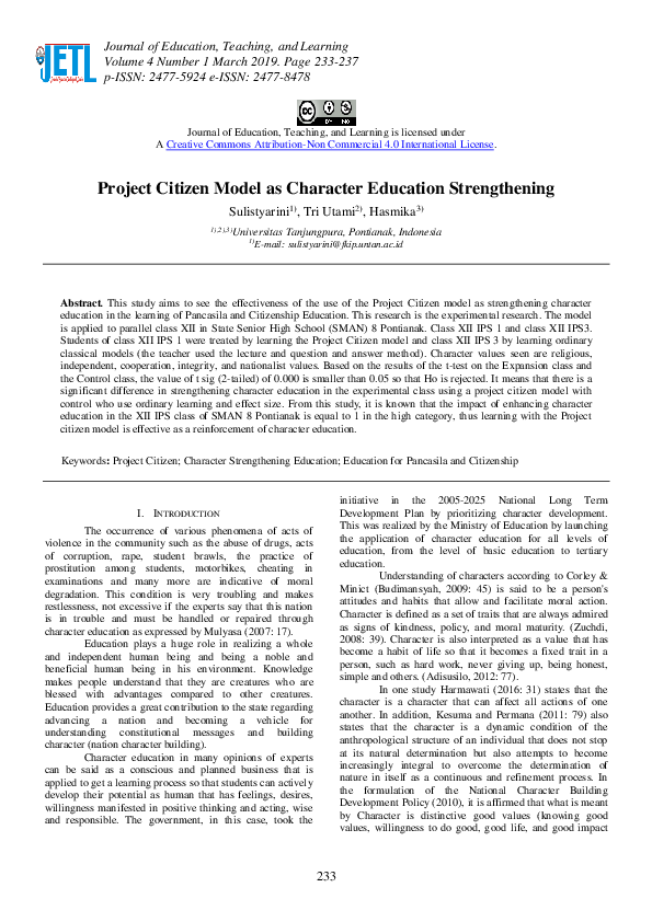Pdf Project Citizen Model As Character Education Strengthening