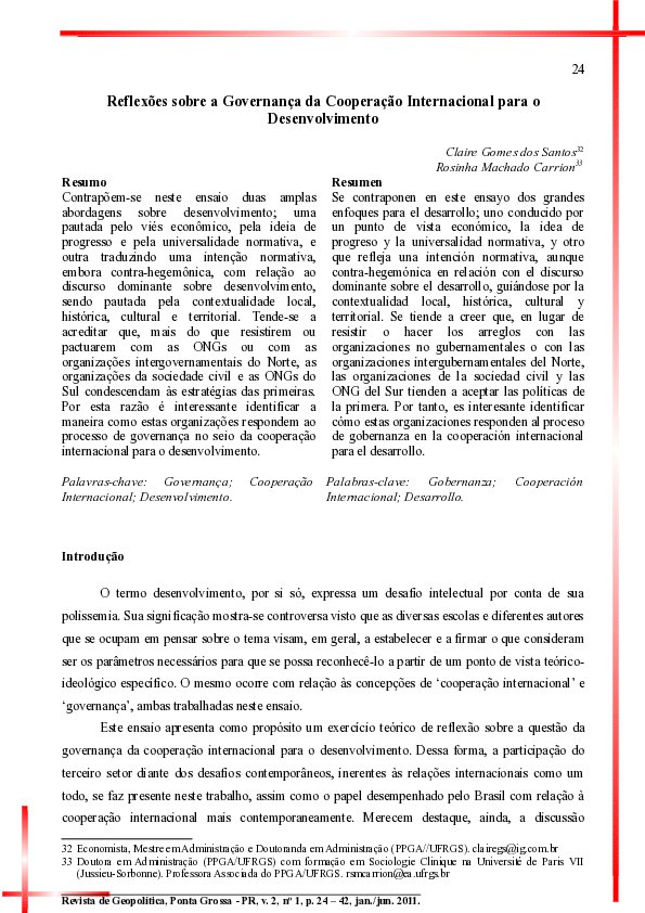 (PDF) Reflexões sobre a Governança da Cooperação Internacional para o ...