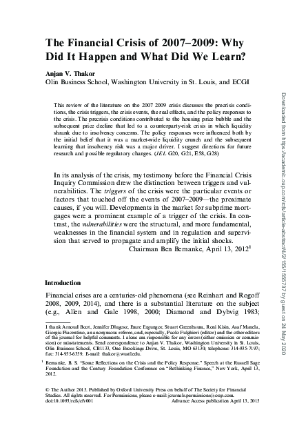 (PDF) The Financial Crisis of 2007-09: Why Did It Happen and What Did ...