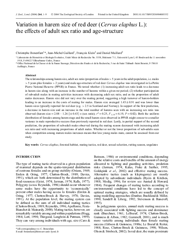 (PDF) Variation in harem size of red deer ( Cervus elaphus L.): the ...