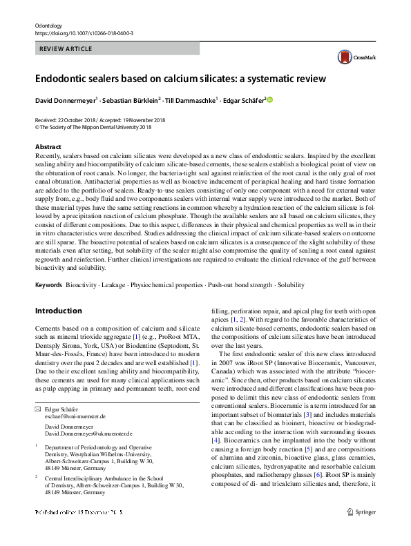 (PDF) Endodontic sealers based on calcium silicates a systematic review Sebastian Bürklein