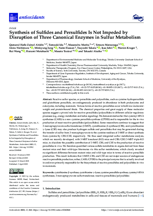 (PDF) Synthesis of Sulfides and Persulfides Is Not Impeded by ...